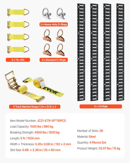 E Track Tie-Down Rail Kit, 18PCS 152.4 cm E-Tracks Set Includes 4 Steel Rails & 2 Single Slot & 6 O Rings & 4 Tie-Offs w/ D-Ring & 2 Ratchet Straps, Securing Accessories for Cargo Motorcycles Bikes
