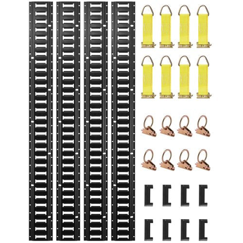 Sats med fastspänningsskenor för E-spår, 30 delar 152,4 cm E-spår. Innehåller 4 stålskenor och 2 enkelspår och 8 O-ringar och 8 fastspänningspunkter med D-ring och 8 ändkåpor, säkringstillbehör för last, motorcyklar och cyklar.
