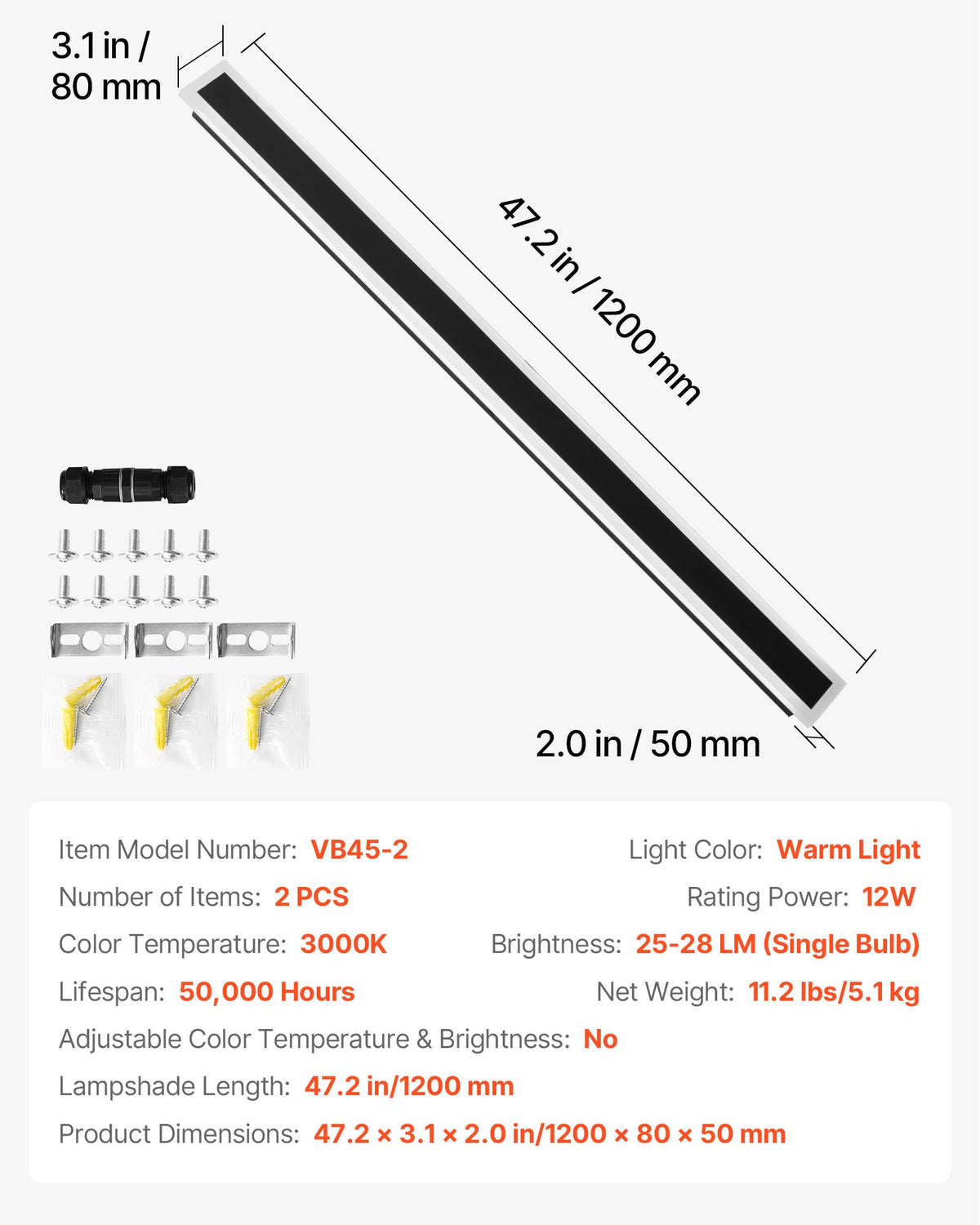 Utomhusvägglampor, 2-pack, 1200 mm långa listiga moderna vägglampor för utomhusbruk, 3000K varmvit, IP65 vattentät rostfri utomhusbelysning, för hus, veranda, garage