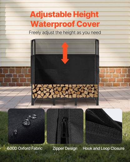 Firewood Rack with Waterproof Cover, 1.22m Outdoor Firewood Holder, 1/4 Cord Storage Metal Log Holder, 400lb Max Weight Capacity, Top Covered, Powder-Coated Wood Storage Rack for Fireplace Deck