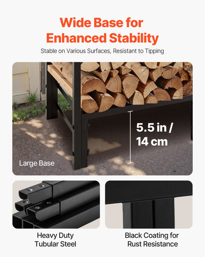 Firewood Rack with Waterproof Cover, 1.22m Outdoor Firewood Holder, 1/4 Cord Storage Metal Log Holder, 400lb Max Weight Capacity, Top Covered, Powder-Coated Wood Storage Rack for Fireplace Deck