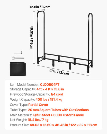 Firewood Rack with Waterproof Cover, 1.22m Outdoor Firewood Holder, 1/4 Cord Storage Metal Log Holder, 400lb Max Weight Capacity, Top Covered, Powder-Coated Wood Storage Rack for Fireplace Deck
