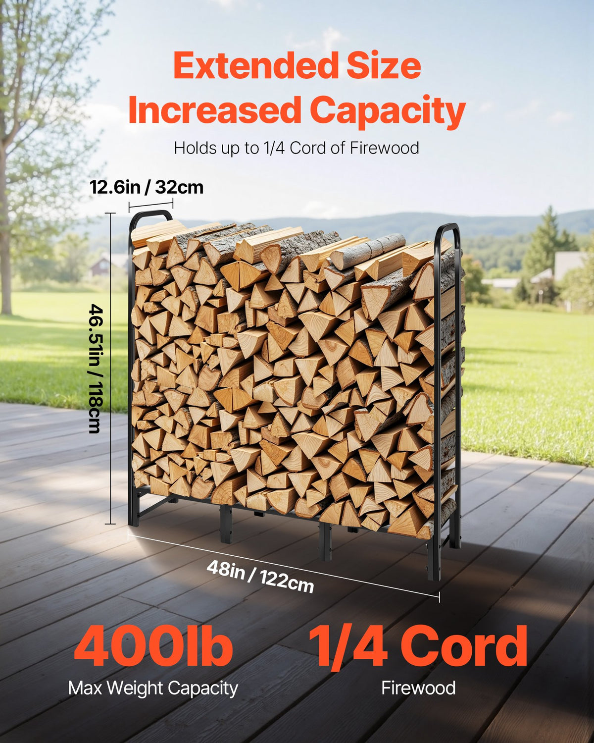 Firewood Rack with Waterproof Cover, 1.22m Outdoor Firewood Holder, 1/4 Cord Storage Metal Log Holder, 400lb Max Weight Capacity, Full Covered, Powder-Coated Wood Storage Rack for Fireplace Deck
