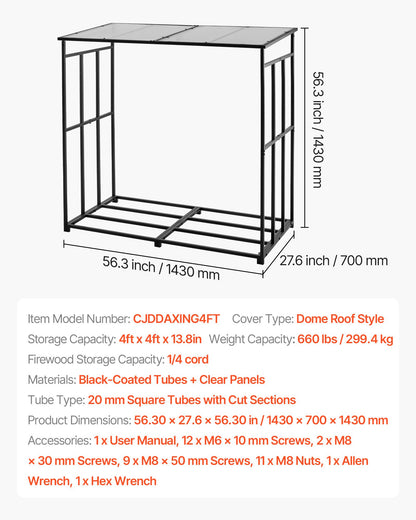 Vedställ med sluttande tak, 143 cm vedhållare för utomhusbruk, vedskjul med 1/4-snöre, maxvikt 299 kg, pulverlackerat vedställ i metall för öppen spis, altan, trädgård