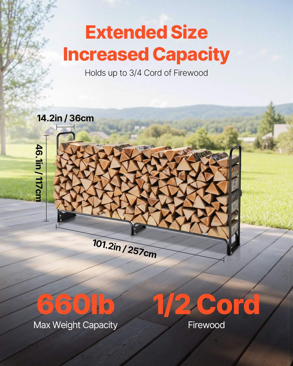Firewood Rack with Waterproof Cover, 2.57m Outdoor Firewood Holder, 1/2 Cord Storage Metal Log Holder, 299kg Max Weight Capacity, Top Covered, Powder-Coated Wood Storage Rack for Fireplace Deck