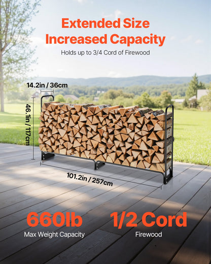 Firewood Rack with Waterproof Cover, 2.57m Outdoor Firewood Holder, 1/2 Cord Storage Metal Log Holder, 299kg Max Weight Capacity, Top Covered, Powder-Coated Wood Storage Rack for Fireplace Deck