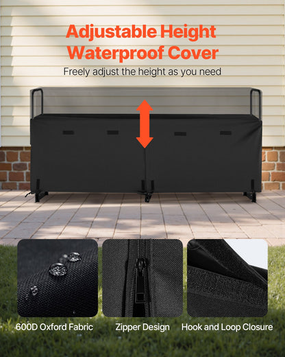 Firewood Rack with Waterproof Cover, 2.57m Outdoor Firewood Holder, 1/2 Cord Storage Metal Log Holder, 299kg Max Weight Capacity, Top Covered, Powder-Coated Wood Storage Rack for Fireplace Deck