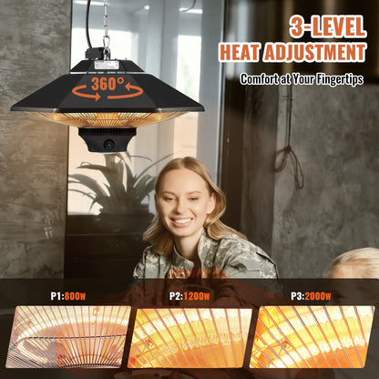 Hängande terrassvärmare, 2000W fjärrkontroll utomhus/inomhus elektrisk infraröd värmare, IP34-skyddad takvärmare med dragsnöre och justerbar kedja, för veranda, uteplats, matsal, studio