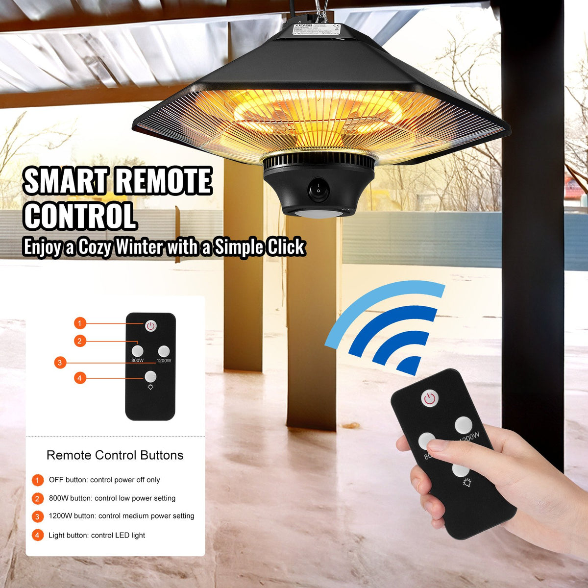 Hängande terrassvärmare, 2000W fjärrkontroll utomhus/inomhus elektrisk infraröd värmare, IP34-skyddad takvärmare med dragsnöre och justerbar kedja, för veranda, uteplats, matsal, studio