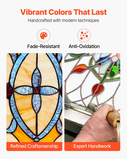 Stained Glass Window Panel, 813 x 250 mm, Tiffany Style Hanging Transom Window Panel with Chain, Large Horizontal Rectangle Stain Glass, Vintage Traditional Art Handcrafts for Kitchen Home Decor