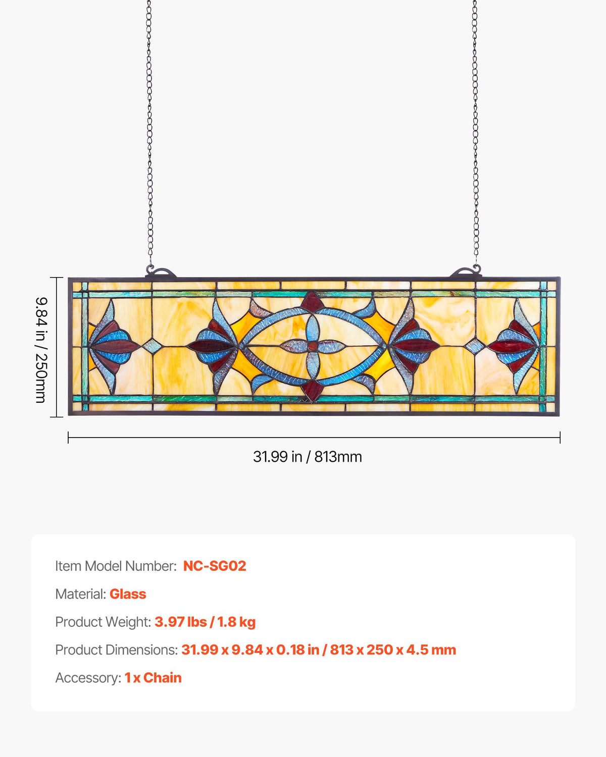 Stained Glass Window Panel, 813 x 250 mm, Tiffany Style Hanging Transom Window Panel with Chain, Large Horizontal Rectangle Stain Glass, Vintage Traditional Art Handcrafts for Kitchen Home Decor