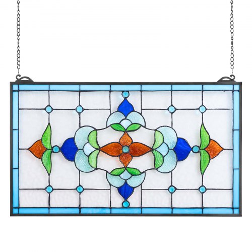 Stained Glass Window Panel, 664 x 402 mm, Tiffany Style Hanging Transom Window Panel with Chain, Large Horizontal Rectangle Stain Glass, Vintage Traditional Art Handcrafts for Kitchen Home Decor