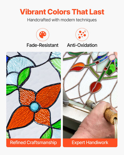 Stained Glass Window Panel, 664 x 402 mm, Tiffany Style Hanging Transom Window Panel with Chain, Large Horizontal Rectangle Stain Glass, Vintage Traditional Art Handcrafts for Kitchen Home Decor