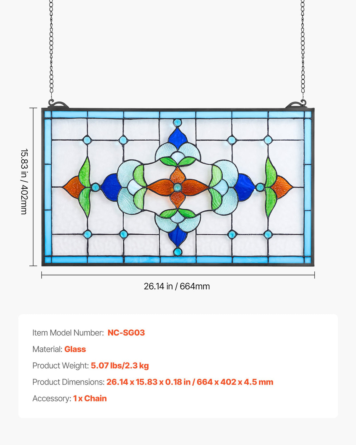 Stained Glass Window Panel, 664 x 402 mm, Tiffany Style Hanging Transom Window Panel with Chain, Large Horizontal Rectangle Stain Glass, Vintage Traditional Art Handcrafts for Kitchen Home Decor