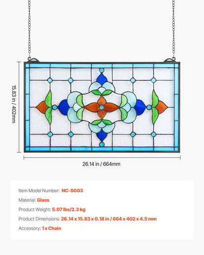 Stained Glass Window Panel, 664 x 402 mm, Tiffany Style Hanging Transom Window Panel with Chain, Large Horizontal Rectangle Stain Glass, Vintage Traditional Art Handcrafts for Kitchen Home Decor