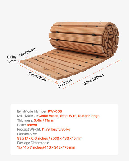 Trädgårdsgång i trä, 2,4 m x 4,7 m, halkfri, böjd trädgårdsgång, utrullbar cederträgång för utomhusbruk med vajeranslutning, dekorativ gräsmatta för trädgårdspromenad, bröllopsfest