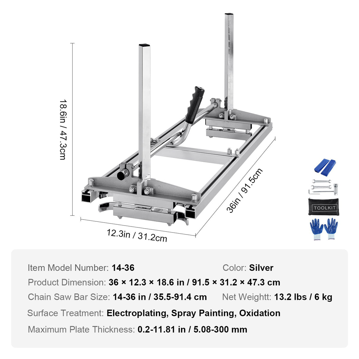 Portable Sawmill 35.6cm-91.4cm Guide Bar Galvanized Steel Chainsaw Planking 0.5cm-30cm Thickness, Wood Lumber Cross Cutting Saw Mill for Builders and Woodworkers, Silver