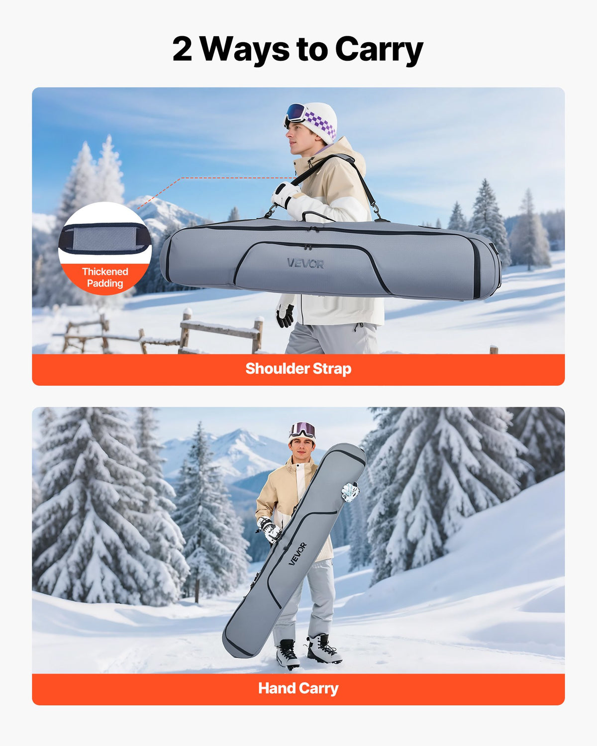 Snowboardväska, upp till 165 cm, vadderad skid- och snowboardväska för flygresor, 600D vattentät oxfordväv, med justerbara innerremmar, för skidstavar, skyddsglasögon, handskar, hjälm, stövlar (grå)