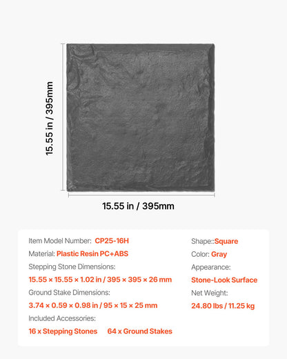 Trädgårdsstenar, 16 st 39,5x39,5 cm, Dekorativa trappstenar med pålar, Väderbeständiga plastgångstenar, Slät yta, Gångväg för utomhusbruk, Gräsmatta, Terrass, Landskap, Grå