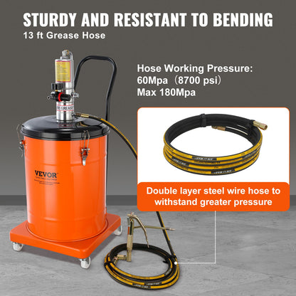 Fettpump, 10,5 gallon 40 liters luftdriven fettpump med 13 fot högtrycksslang och fettspruta, pneumatisk fetthinkpump med hjul, bärbar smörjfettpump 50:1 tryckförhållande
