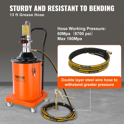 Fettpump, 5 gallon 20 l, luftdriven fettpump med 13 fot högtrycksslang och fettspruta, pneumatisk fetthinkpump med hjul, bärbar smörjfettpump 50:1 tryckförhållande