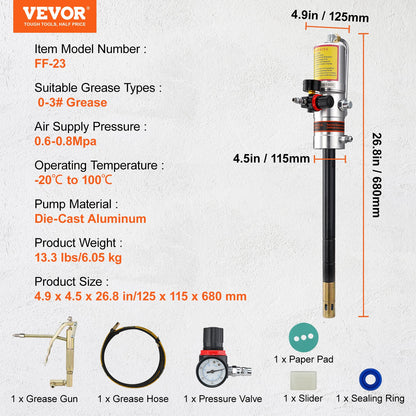 Fettpump, tryckförhållande 50:1, luftdriven fettpump med 13 fot högtrycksslang och fettspruta, pneumatisk fettpump, bärbar smörjfettpump med 360° vridbart fettspruthuvud