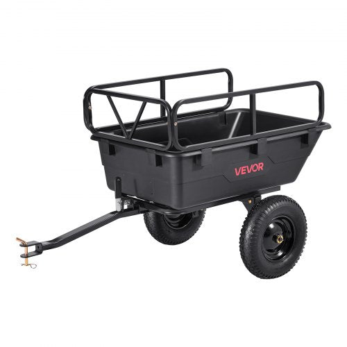 Trädgårdsvagn, 10 kubikfot 227 kg, ATV UTV-transportvagn, bogserad bakom plasttippvagn med 16-tumsdäck, handdrag eller fotpedal, kraftiga trädgårdsvagnar för gräsklippare, traktorer, trädgårdsavfall