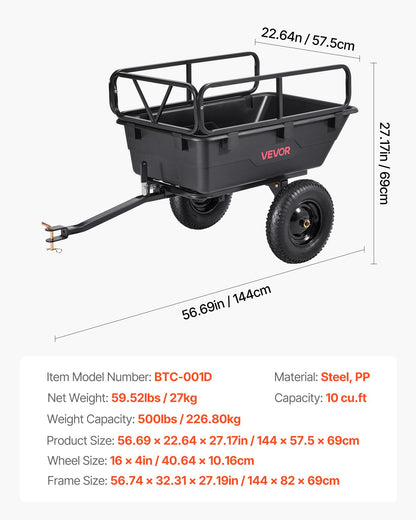 Trädgårdsvagn, 10 kubikfot 227 kg, ATV UTV-transportvagn, bogserad bakom plasttippvagn med 16-tumsdäck, handdrag eller fotpedal, kraftiga trädgårdsvagnar för gräsklippare, traktorer, trädgårdsavfall