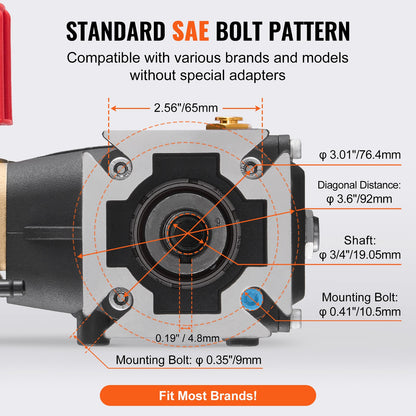 Högtryckstvättspump, 19 mm (3/4") axel horisontell triplexkolv, 227 bar (3300 PSI), 9,5 l/min (2,5 GPM), reservpumpsats för högtryckstvätt med 5 munstycken, kompatibel med Simpson MorFlex 40224, 40225, 40226, Santoprene