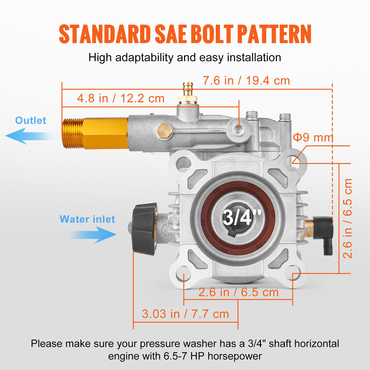 Högtryckstvättspump, 19 mm horisontell axel, 3400 PSI, 2.5 GPM, reservsats för högtryckstvättspumpar, reservdelar till spolpump, kompatibel med Honda, Simpson, RYOBI, Briggs &amp; Stratton, Subaru, Craftsman