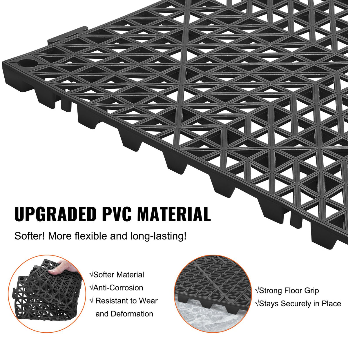 Modulär sammankopplande dynor, 50-pack 30 x 30 cm skarvningsdräneringsmattor, mjuka PVC-sammankopplande dräneringsgolvplattor, halkfria dräneringshål för toalett, badrum, kök, pool, våtutrymme, svart