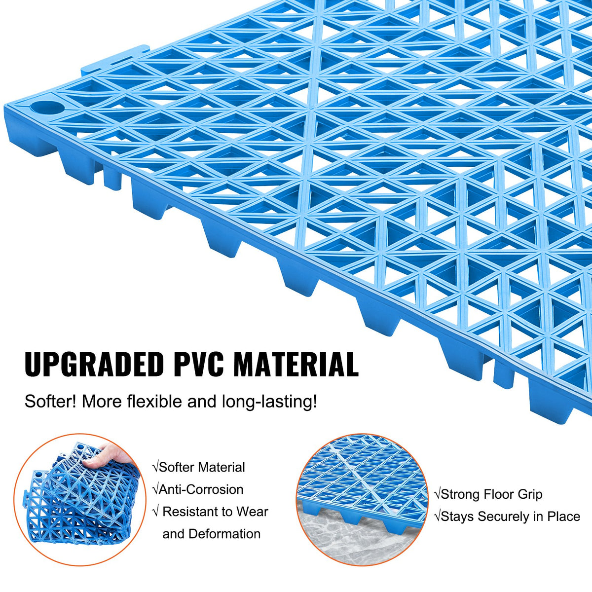 Modulär sammankopplande dynor, 50-pack 30 x 30 cm skarvningsdräneringsmattor, mjuka PVC-sammankopplande dräneringsgolvplattor, halkfria dräneringshål för toalett, badrum, kök, pool, våtutrymme, blå