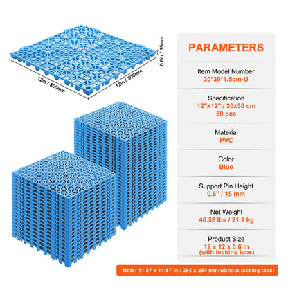 Modulär sammankopplande dynor, 50-pack 30 x 30 cm skarvningsdräneringsmattor, mjuka PVC-sammankopplande dräneringsgolvplattor, halkfria dräneringshål för toalett, badrum, kök, pool, våtutrymme, blå