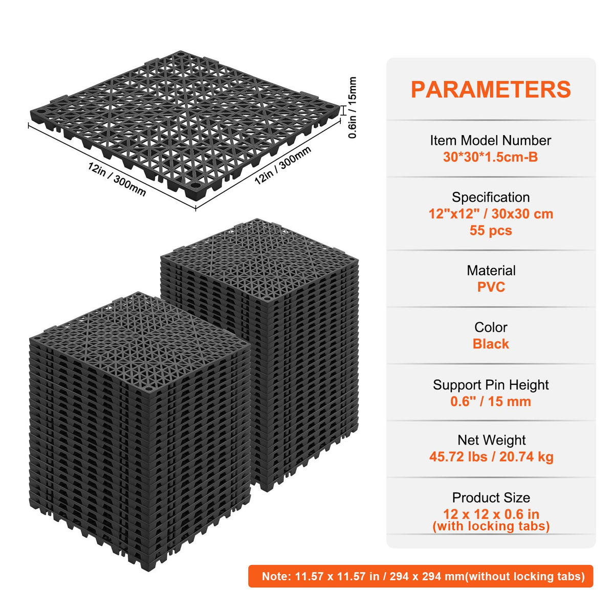 Modulär sammankopplande dynor, 55-pack 30 x 30 cm skarvningsdräneringsmattor, mjuka PVC-sammankopplande dräneringsgolvplattor, halkfria dräneringshål för toalett, badrum, kök, pool, våtrum, svart