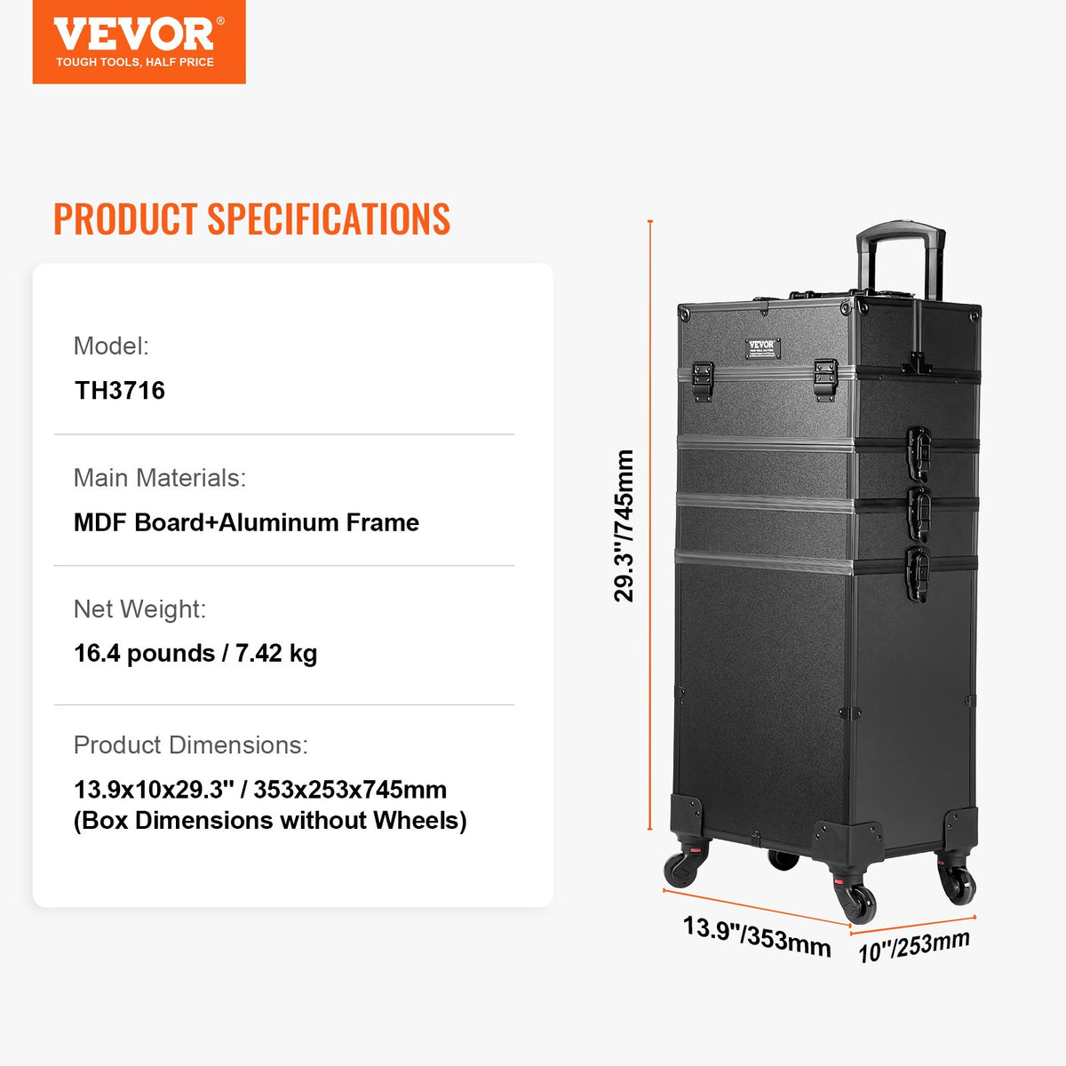 5-i-1 professionell sminkväska i aluminium, rullande sminkväska extra stor trolley sminkväska, med 360° vridbara hjul och justerbar dragstång, svart