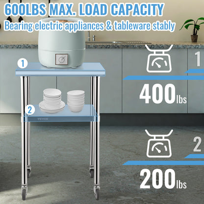 Stainless Steel Prep Table, 61 x 61 x 91 cm, 272 kg Load Capacity Heavy Duty Metal Worktable with Adjustable Undershelf & Universal Wheels, Commercial Workstation for Kitchen Garage Backyard