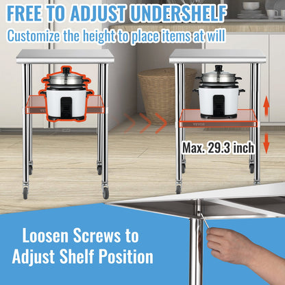 Stainless Steel Prep Table, 61 x 61 x 91 cm, 272 kg Load Capacity Heavy Duty Metal Worktable with Adjustable Undershelf & Universal Wheels, Commercial Workstation for Kitchen Garage Backyard