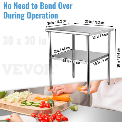 Förberedelsebord i rostfritt stål, 30 x 30 x 36 tum, 800 kg lastkapacitet Kraftigt arbetsbord i metall med justerbart underhylla och fötter, kommersiell arbetsstation för kök, garage, restaurang, bakgård
