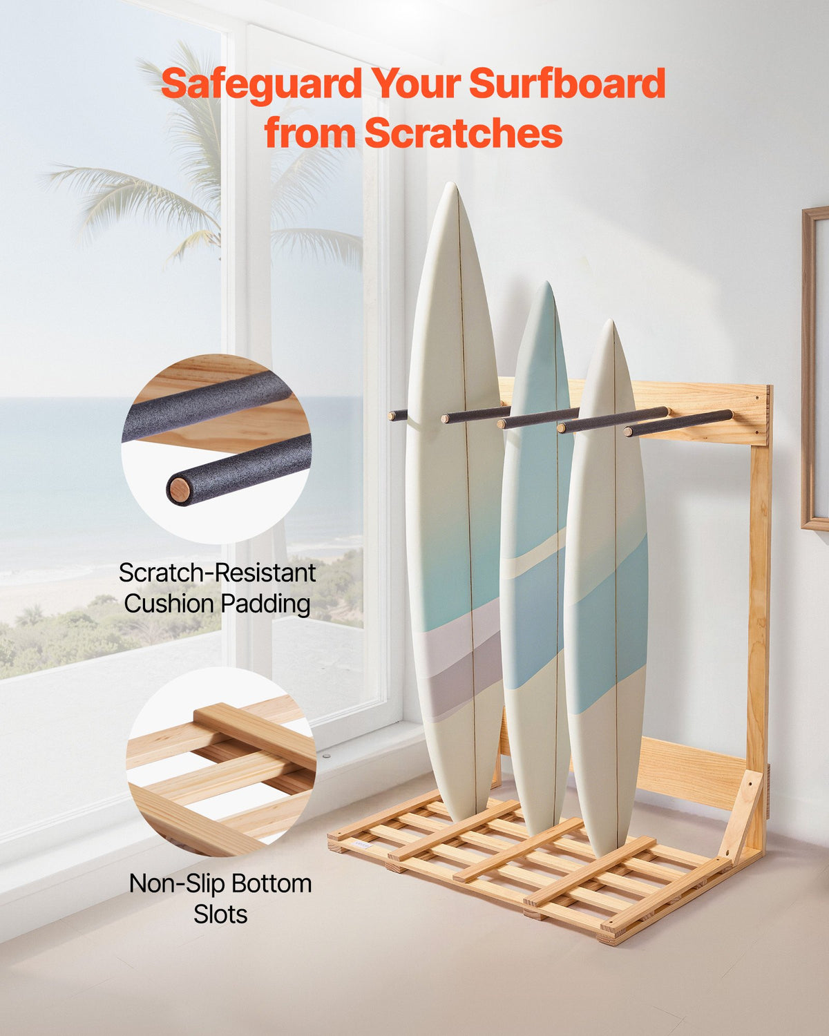 Vertical Surfboard Stand, 4 Tiers Wooden Surfboard Rack for Storage and Display, Freestanding Board Stand Organizer, Surf Board Holder for Wakeboards, Snowboards, Kiteboards, Shortboard, Skis
