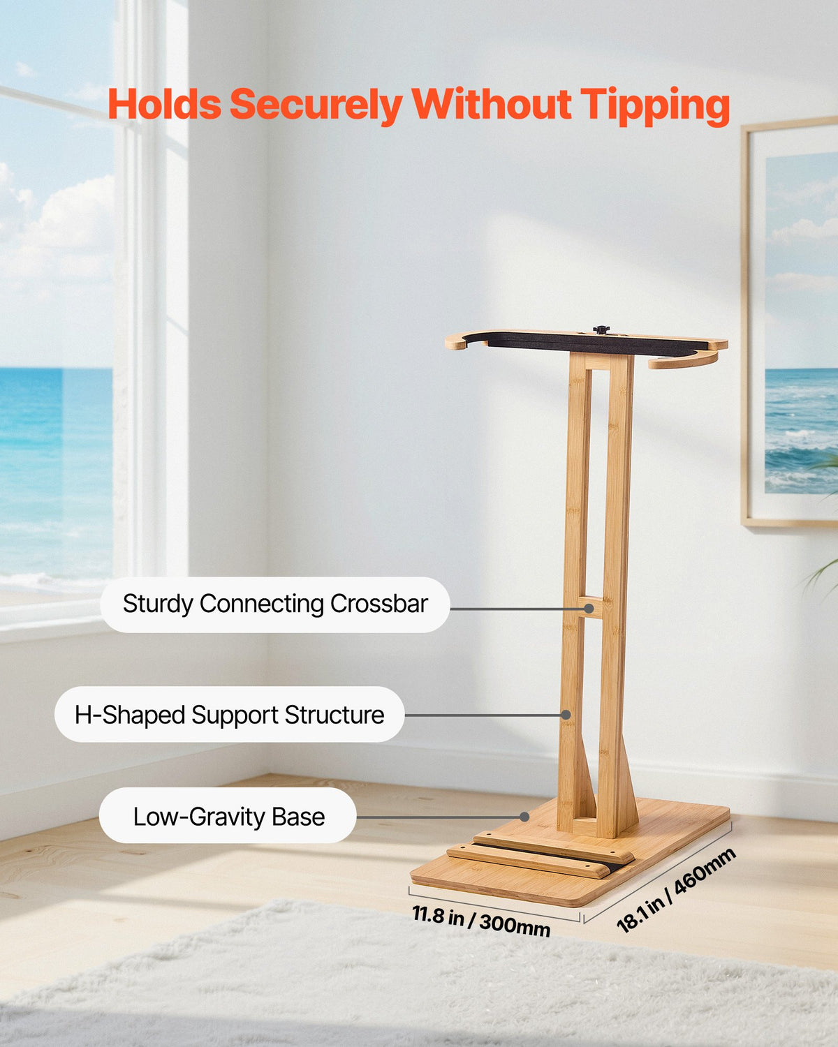 Vertical Surfboard Stand, Wooden Surfboard Rack for Storage and Display, Adjustable & Freestanding Board Stand Organizer with Padding, for Wakeboards, Snowboards, Kiteboards, Shortboard, Skis