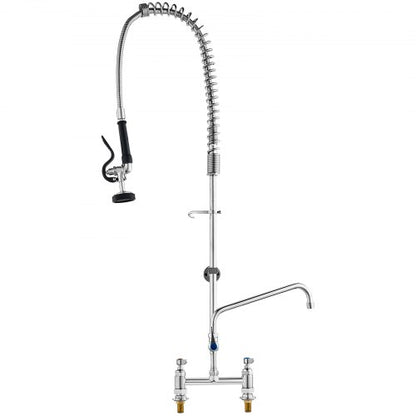 Commercial Faucet with Pre-Rinse Sprayer, 44" Height, 8" Center, 12" Swing Spout, Deck Mount Kitchen Sink Faucet, Brass Constructed Device with Pull Down Spray, for 1/2/3 Compartment Sink