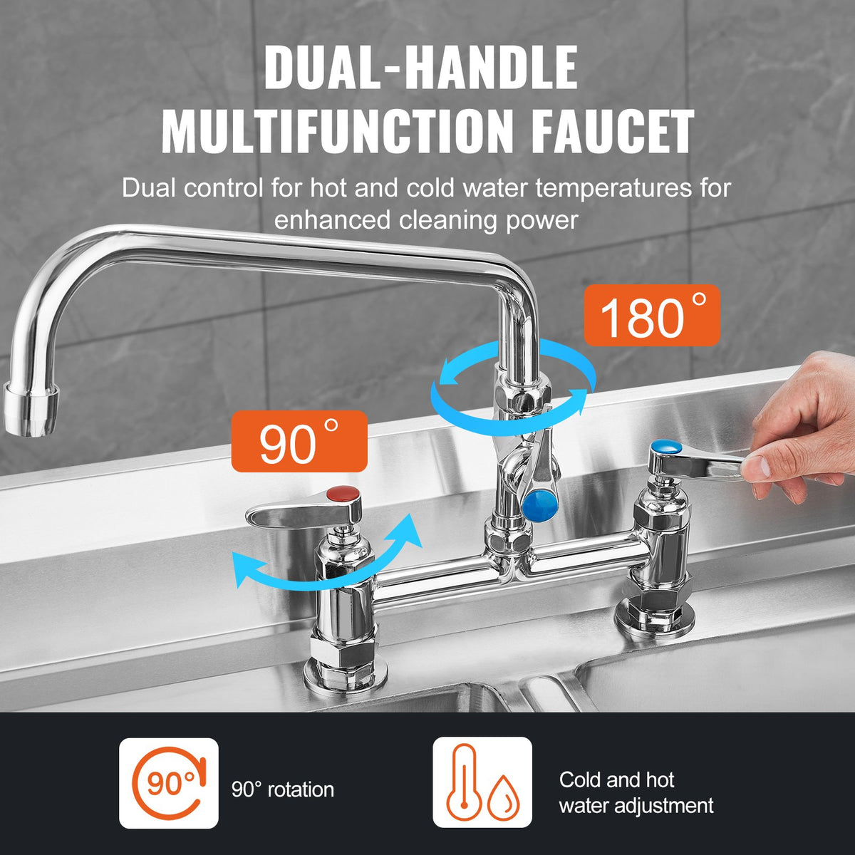 Commercial Faucet with Pre-Rinse Sprayer, 44" Height, 8" Center, 12" Swing Spout, Deck Mount Kitchen Sink Faucet, Brass Constructed Device with Pull Down Spray, for 1/2/3 Compartment Sink