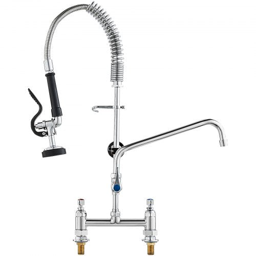 Commercial Faucet with Pre-Rinse Sprayer, 26" (66 cm) Height, 8" (20.3 cm) Center, 12" (30.5 cm) Swing Spout, Deck Mount Kitchen Sink Faucet, Brass Constructed Device with Pull Down Spray, for 1/2/3 Compartment Sink