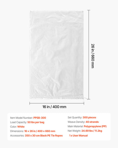 Empty Sandbags, 300 Packs 40 x 66 cm, Heavy Duty Sand Bags Sacks with Ties, 22.6kg Capacity Woven Polypropylene Sandbags, Tear-Resistant & UV-Resistant Sand Bags for Flood Protection Barrier