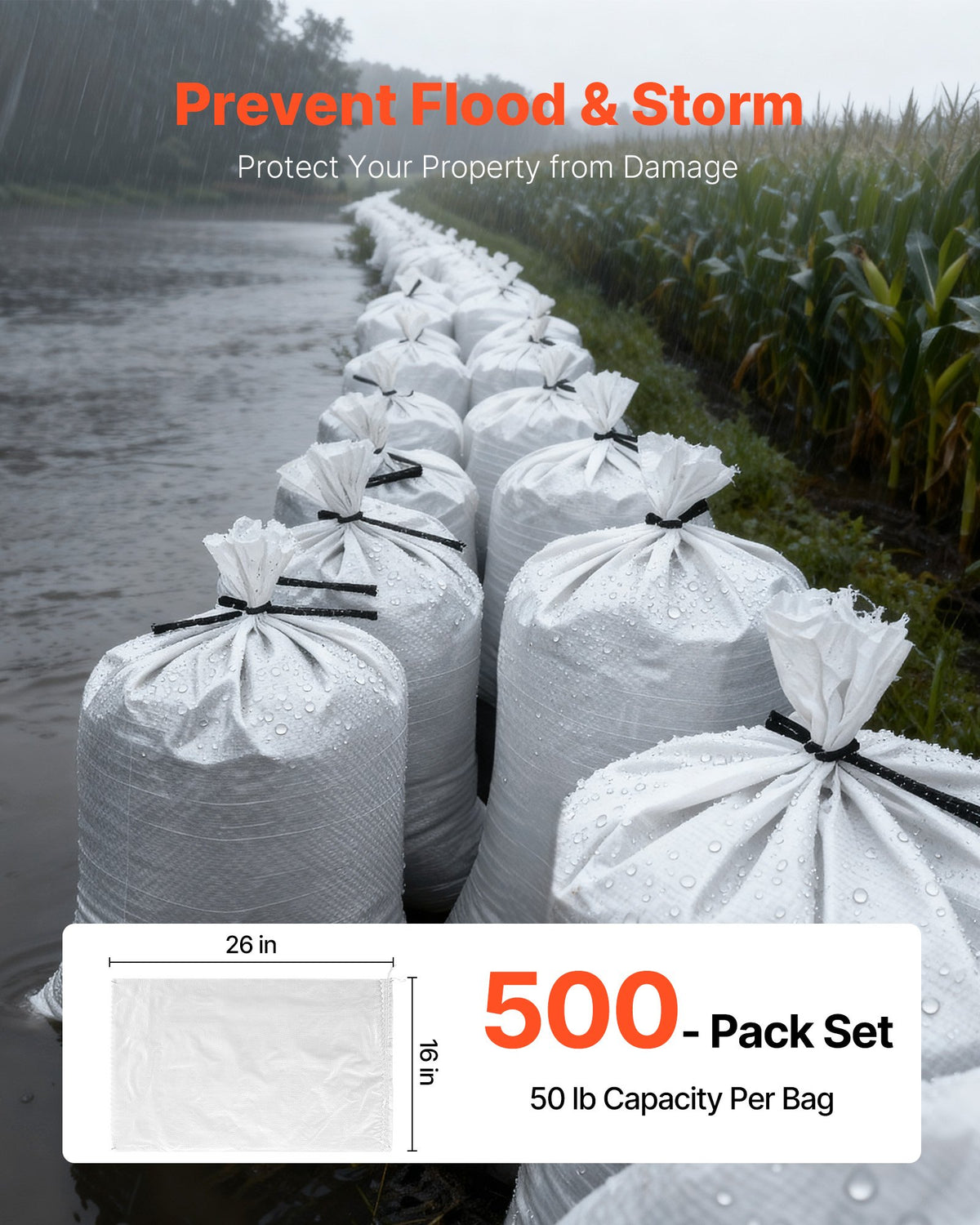 Empty Sandbags, 500 Packs 40 x 66 cm, Heavy Duty Sand Bags Sacks with Ties, 22.6kg Capacity Woven Polypropylene Sandbags, Tear-Resistant & UV-Resistant Sand Bags for Flood Protection Barrier