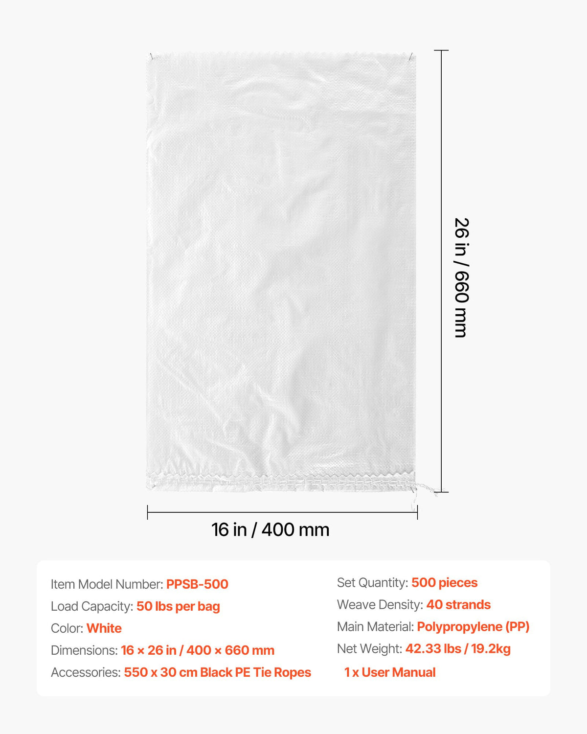 Empty Sandbags, 500 Packs 40 x 66 cm, Heavy Duty Sand Bags Sacks with Ties, 22.6kg Capacity Woven Polypropylene Sandbags, Tear-Resistant & UV-Resistant Sand Bags for Flood Protection Barrier