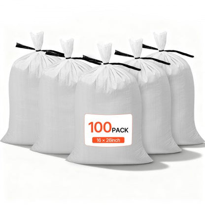 Empty Sandbags, 100 Packs 40 x 66 cm, Heavy Duty Sand Bags Sacks with Ties, 22.6kg Capacity Woven Polypropylene Sandbags, Tear-Resistant & UV-Resistant Sand Bags for Flood Protection Barrier