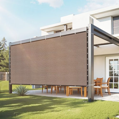 90 % solskyddsduk, 10 x 12 fot pergolaskydd med rostfria stålöljetter, solskyddstak med insynsskydd av 140 GSM HDPE-material, för utomhusbruk, uteplats, trädgård och bakgård (brun)