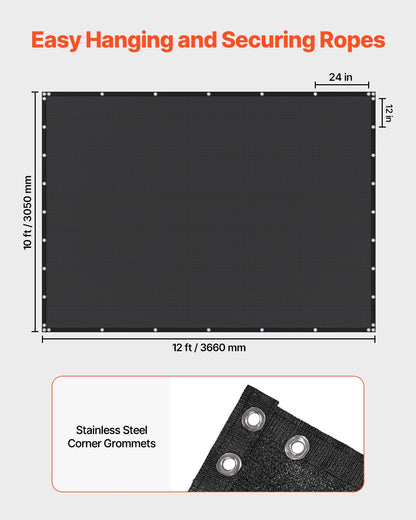 90% Sun Shade Cloth, 10 x 12 ft Pergola Shade Cover with Stainless Steel Grommets, Sun Shades Canopy Privacy Screen with 140 GSM HDPE Material, for Outdoor, Patio, Garden, and Backyard (Black)