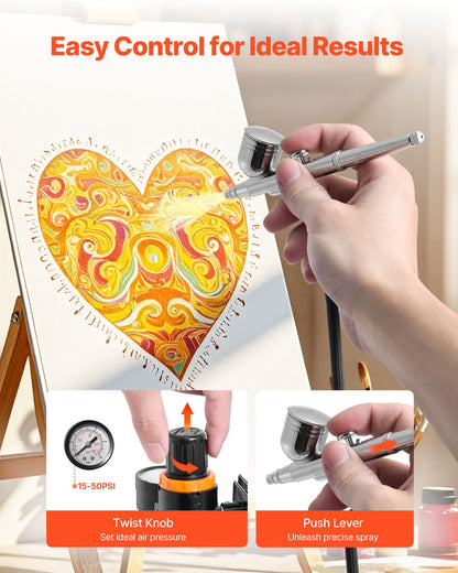 Airbrush-kit, 1/6 hk, Airbrush-kit med luftkompressor, 3 professionella airbrushar med dubbelverkande effekt och 3 munstycken, slang, akrylfärg, 2 fläktar, lågt ljud, för tårtdekorering, modellmålning, nagelkonst